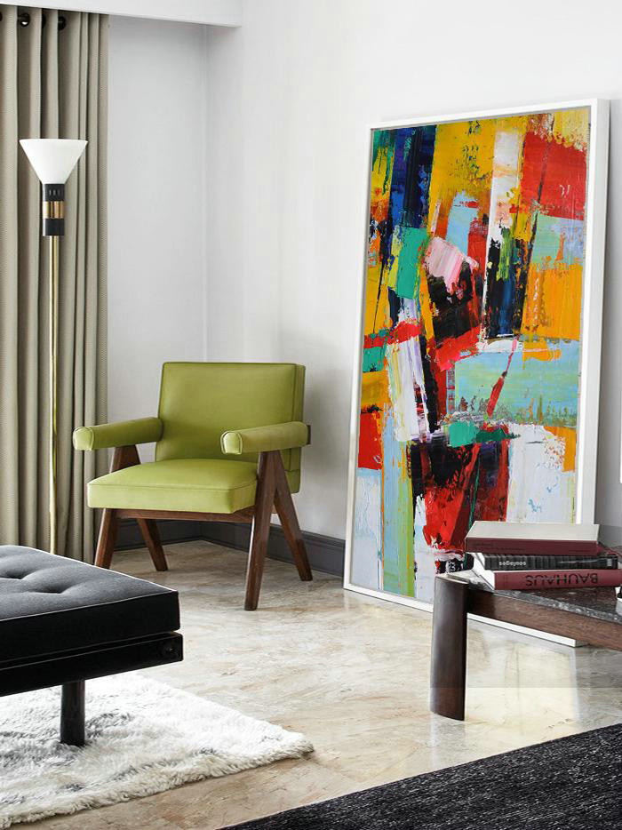 Vertical Palette Knife Contemporary Art,Oversized Custom Canvas Art,Yellow,Red,White,Blue